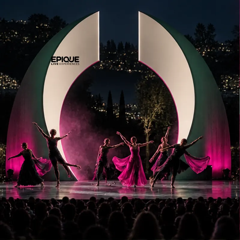 Concept visual: dancers in fuchsia on an open-air cultural stage framed by two tall white arcs.