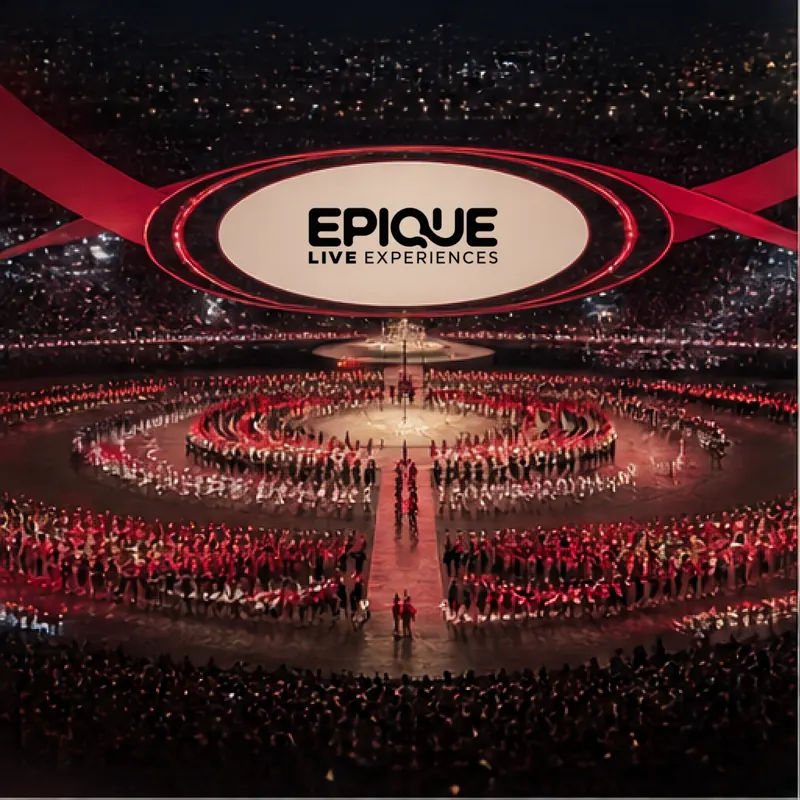 Concept visual: a stadium ceremony with performers in concentric rings around a central stage.